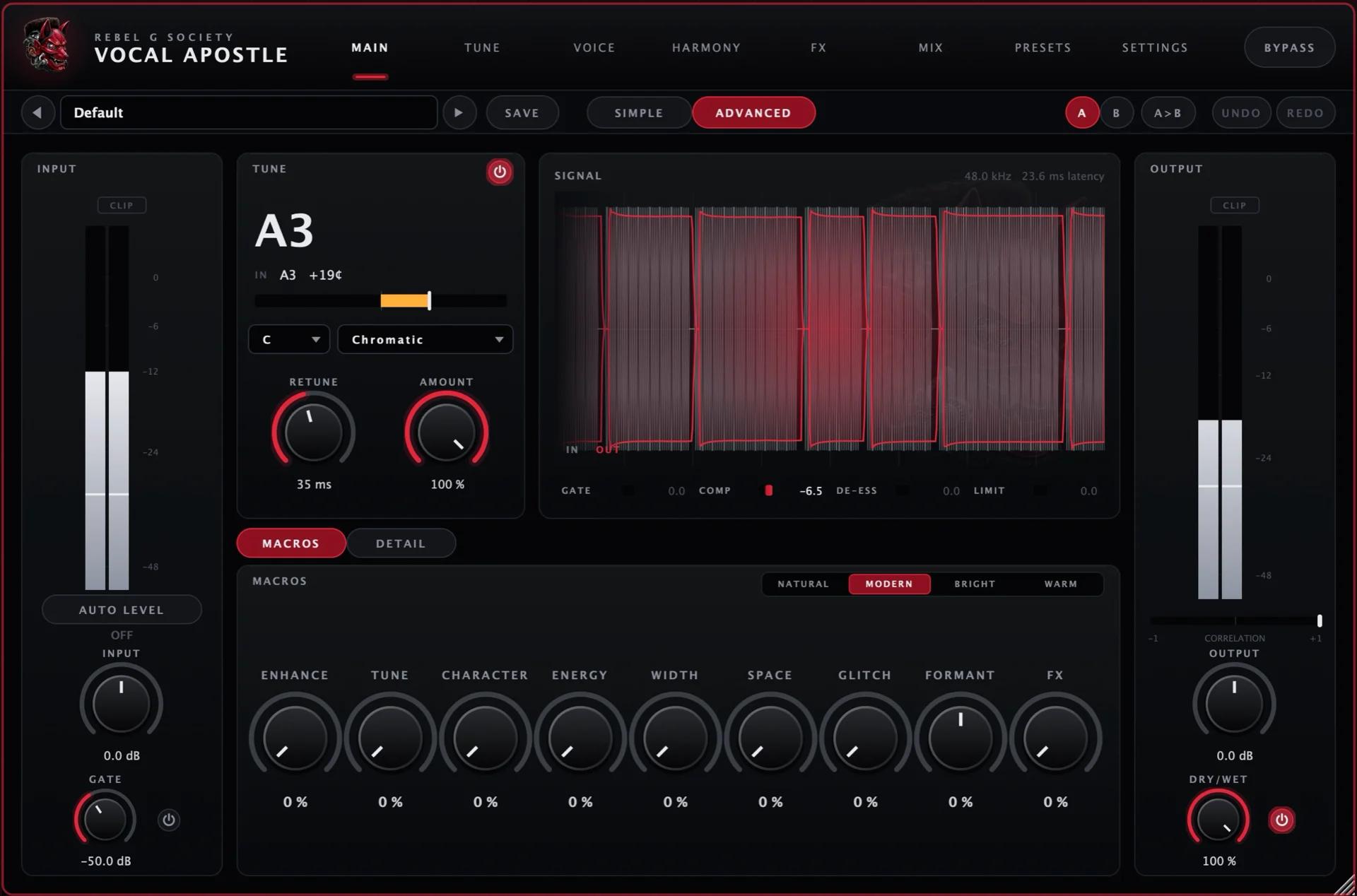Vocal Apostle main page: input, live tune, signal display, macros and output