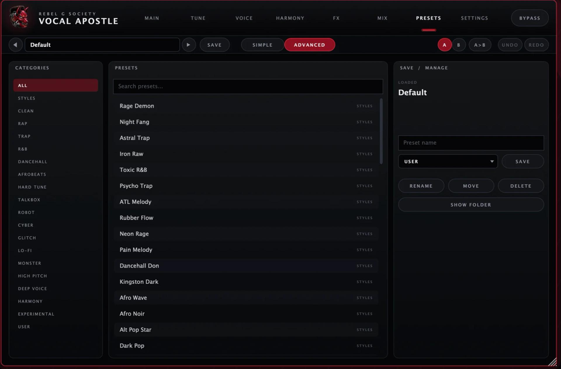 Vocal Apostle preset browser with categories, search and save