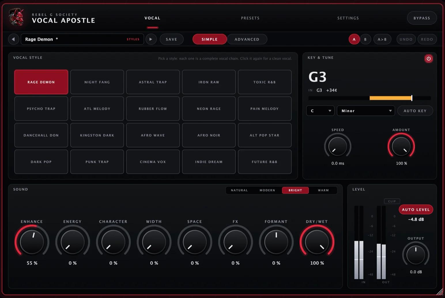 Vocal Apostle Simple layout with 20 vocal styles, key and tune, sound knobs and Auto Level