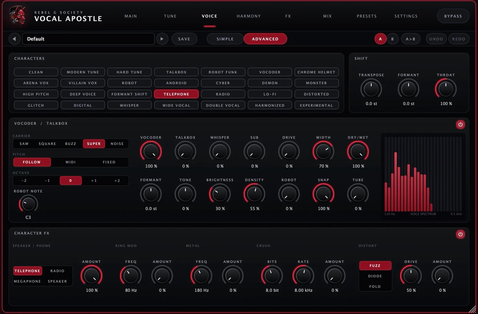 Vocal Apostle Voice page with vocoder and telephone stacked, live spectrum