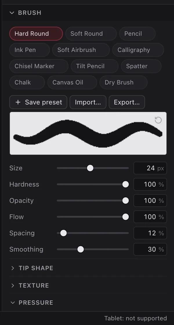 Brush panel with presets, live stroke preview, size, hardness, opacity, flow, spacing and smoothing