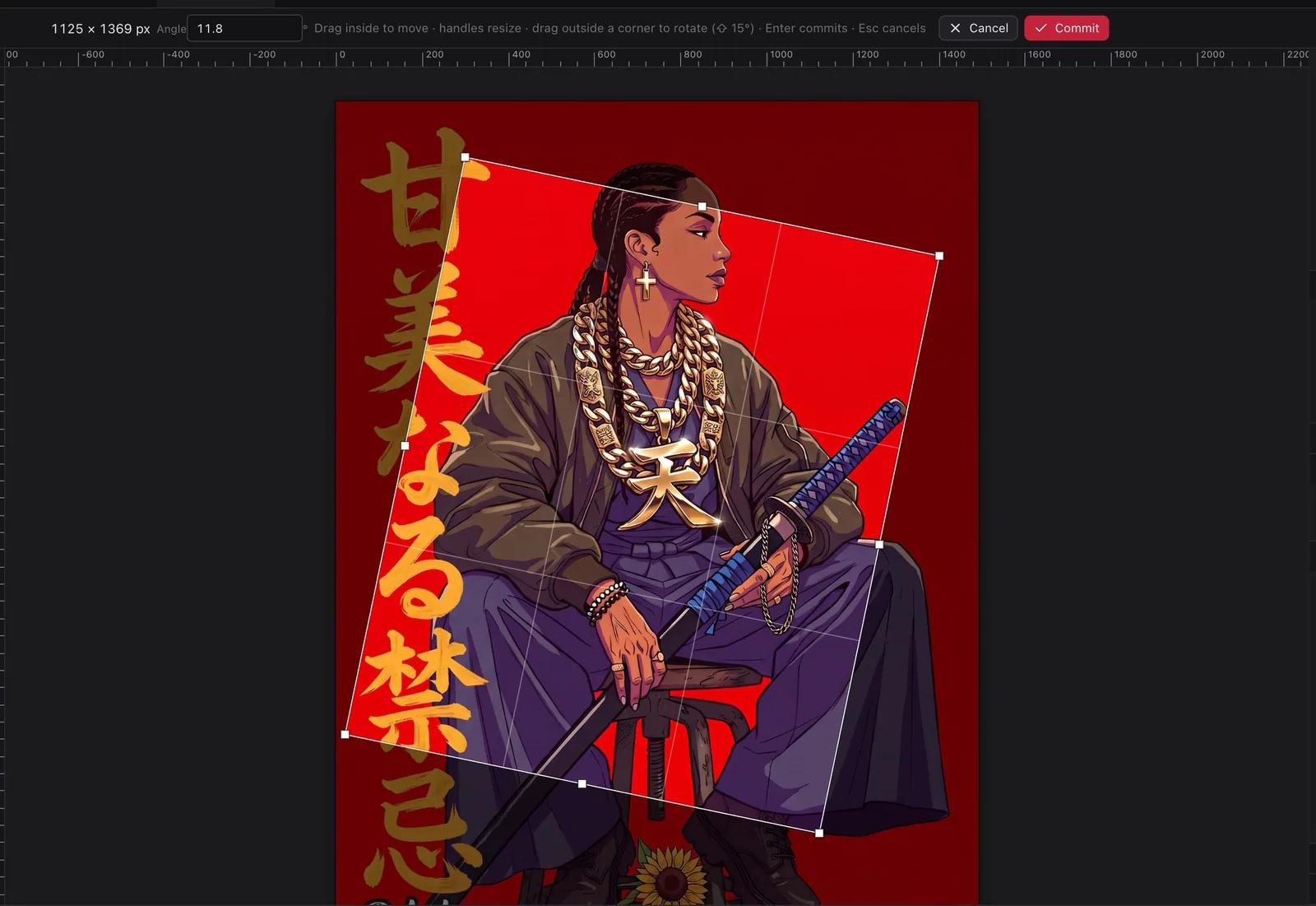 Rotated crop frame with handles and a rule-of-thirds grid