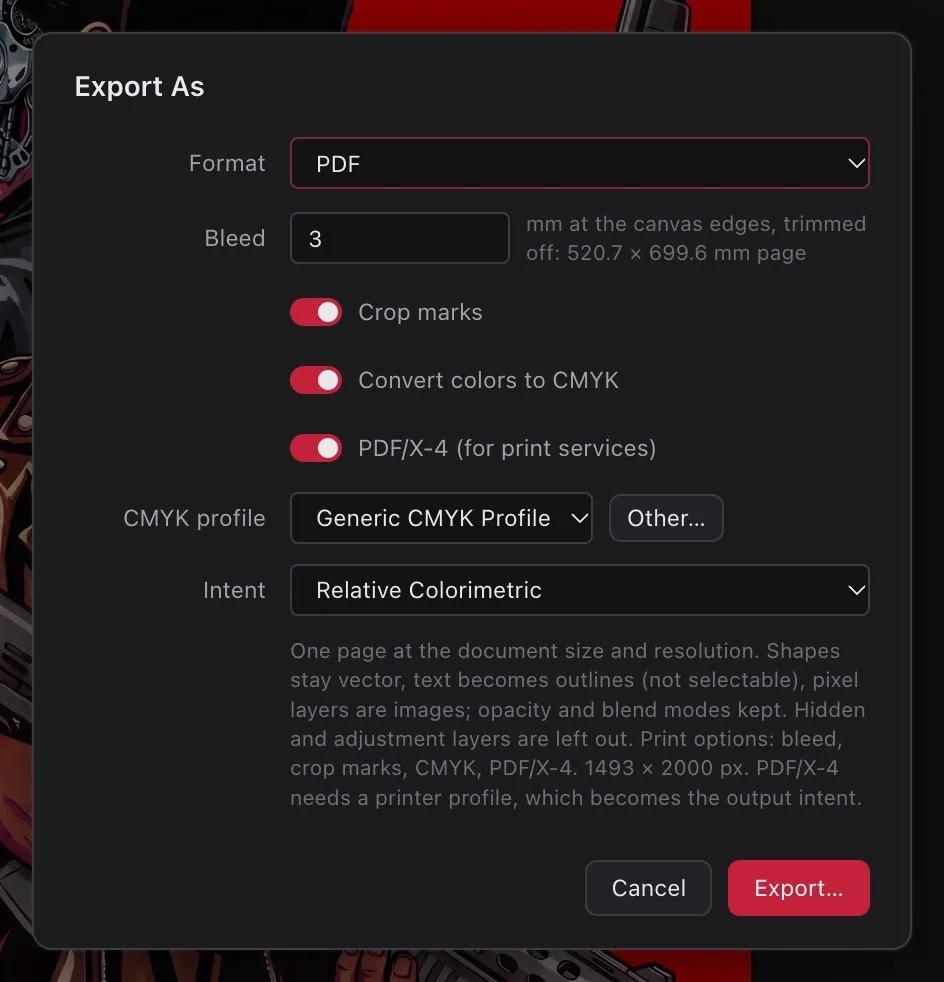 Export As dialog with PDF print options: bleed, crop marks, CMYK and PDF/X-4