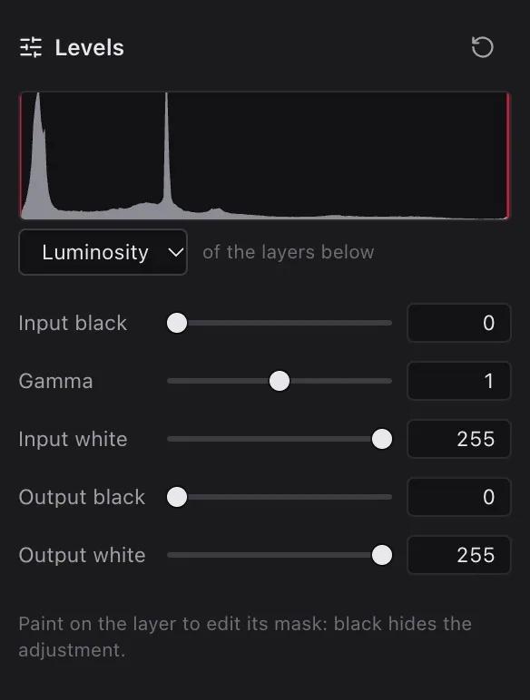 Levels adjustment with a live histogram of the layers below
