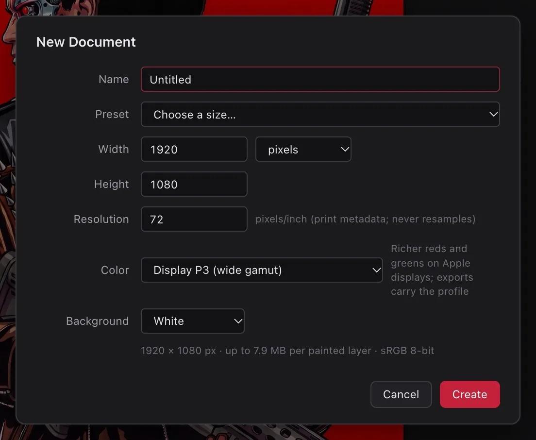 New Document dialog: presets, units, resolution and color space