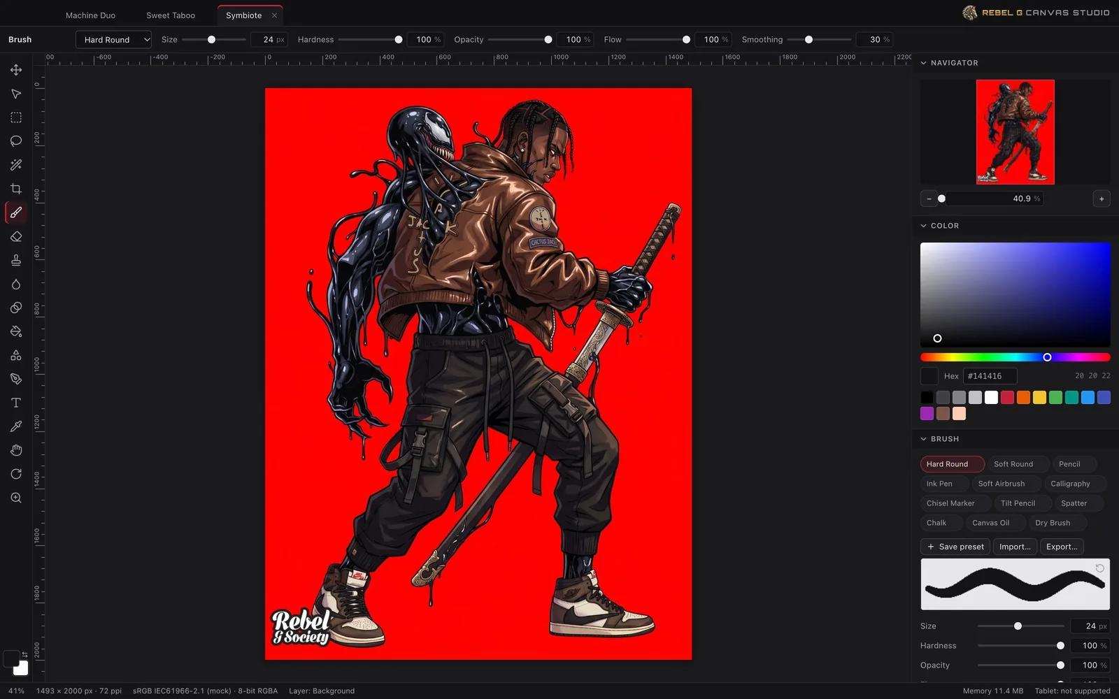 Rebel G Canvas Studio workspace: tools, options bar, canvas with rulers and docked panels