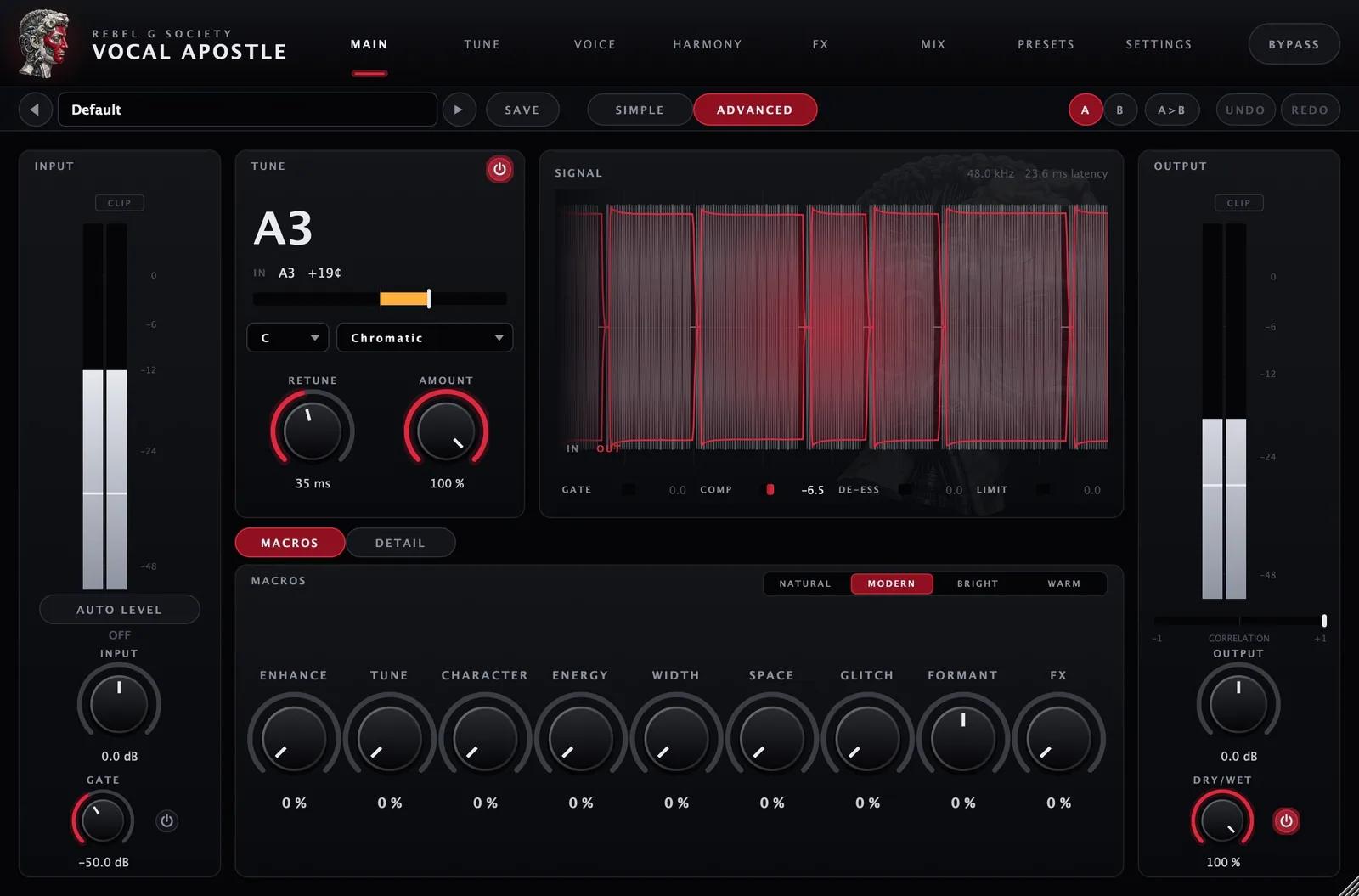 Vocal Apostle main page: input, live tune, signal display, macros and output